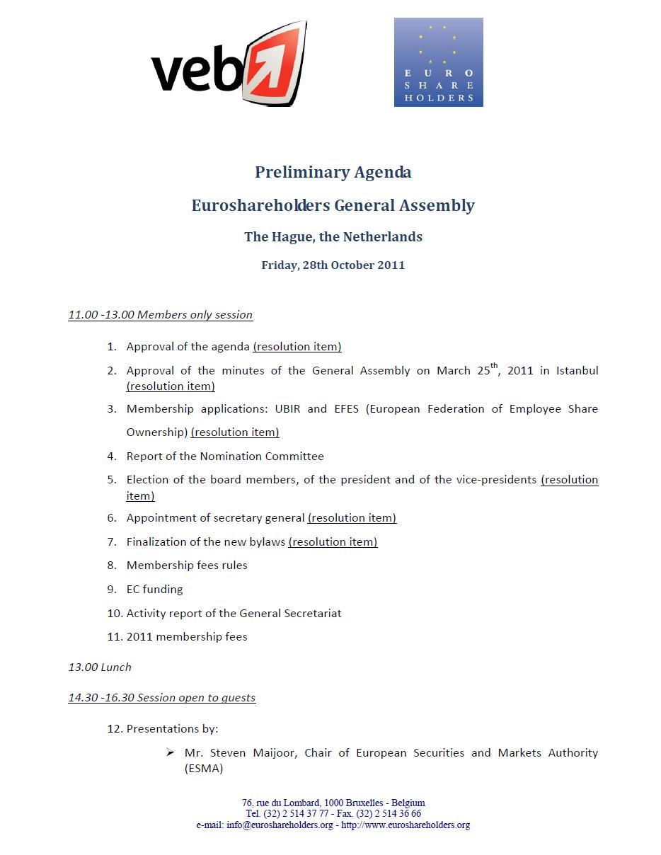 Agenda - Euroshareholders General Assembly - The Hague - October 28, 2011