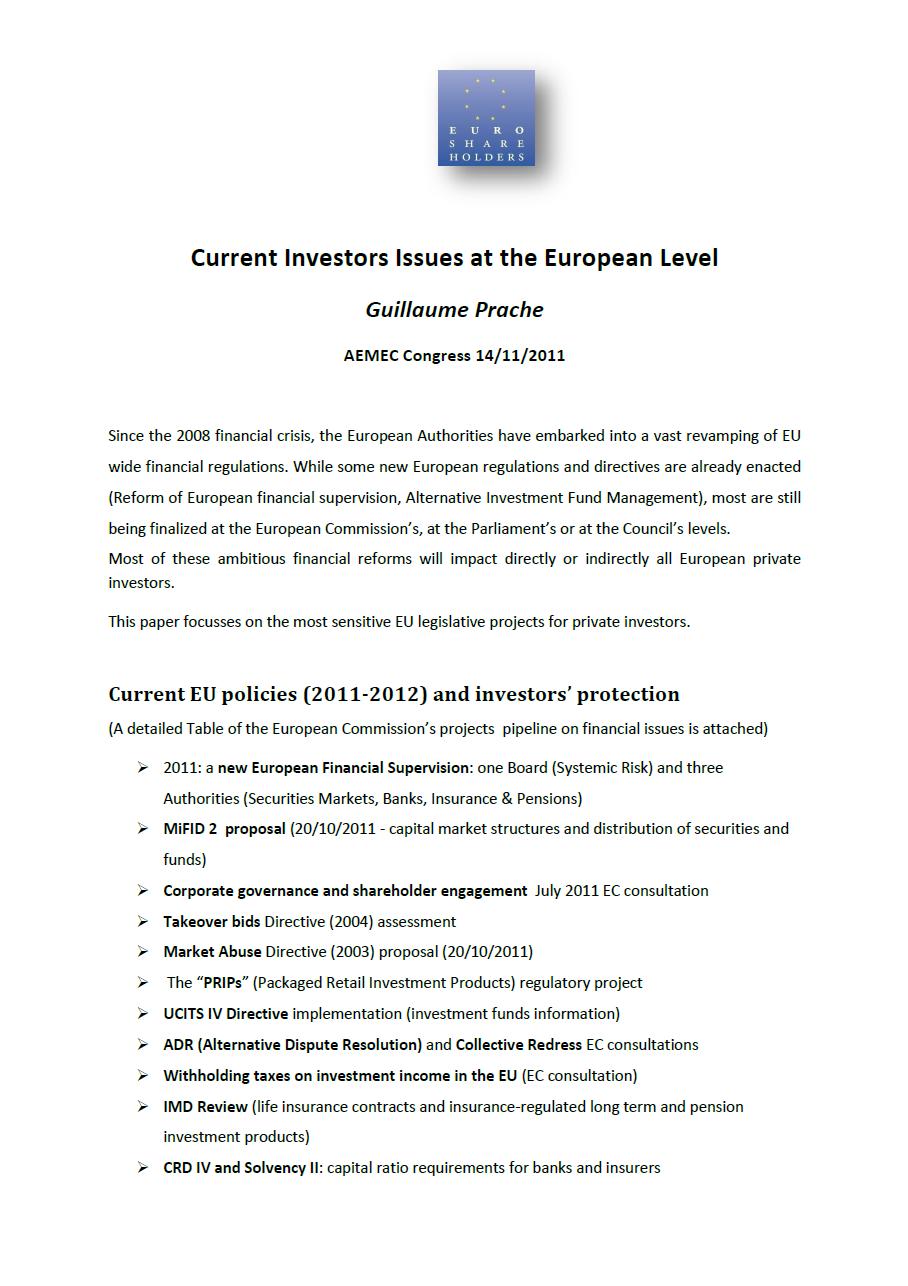 Current Investor Issues at the European Level AEMEC Madrid
