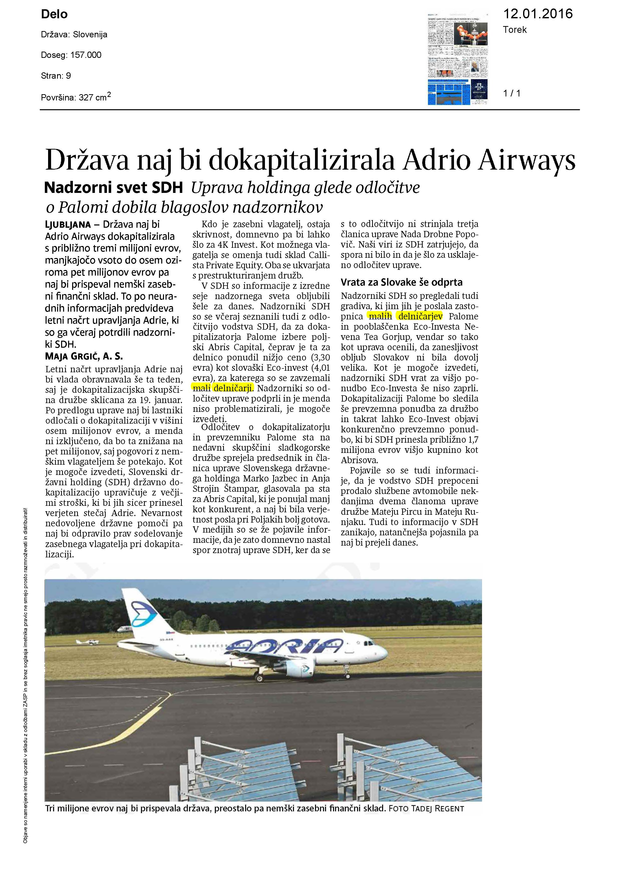 Država naj bi dokapitalizirala Adrio Airways