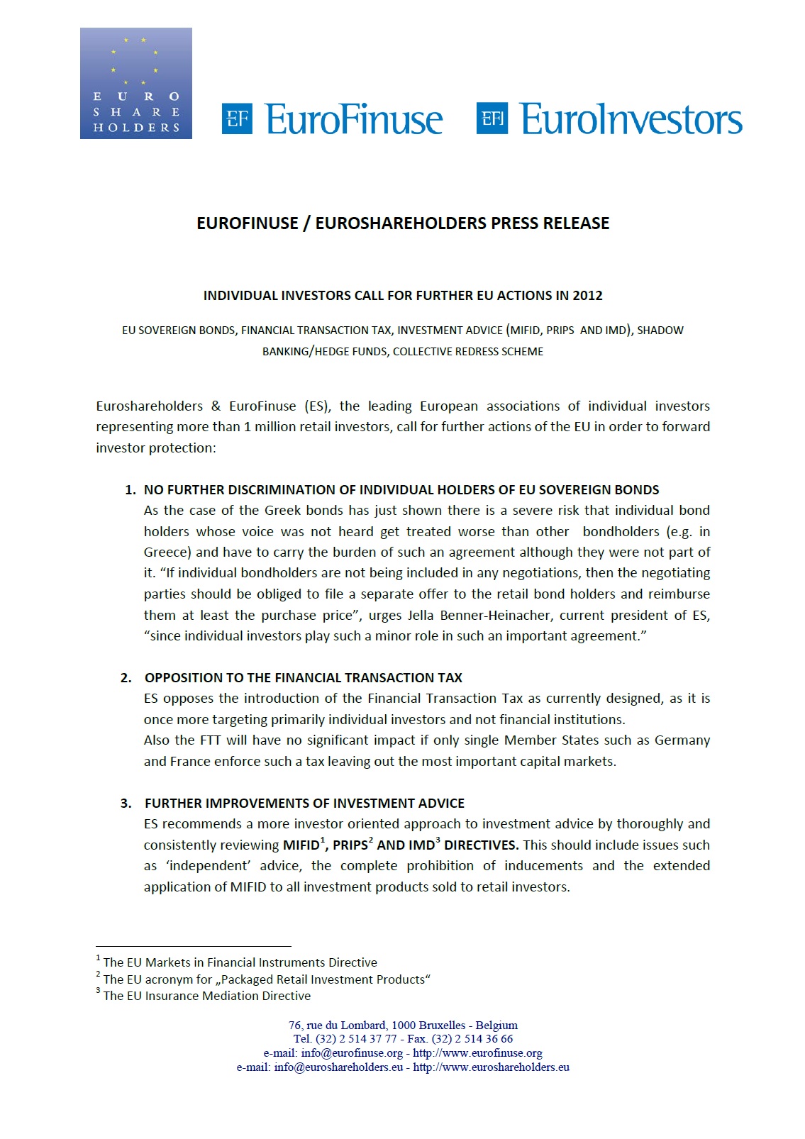EuroFinuse, Euroshareholders Press Release - March 16, 2012