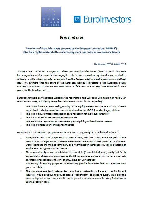 EuroInvestors - Press Release - Reform of financial markets MiFID2