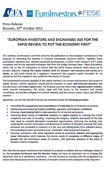 European Investors and Exchanges Ask for the MiFID Review to Put the Economy First