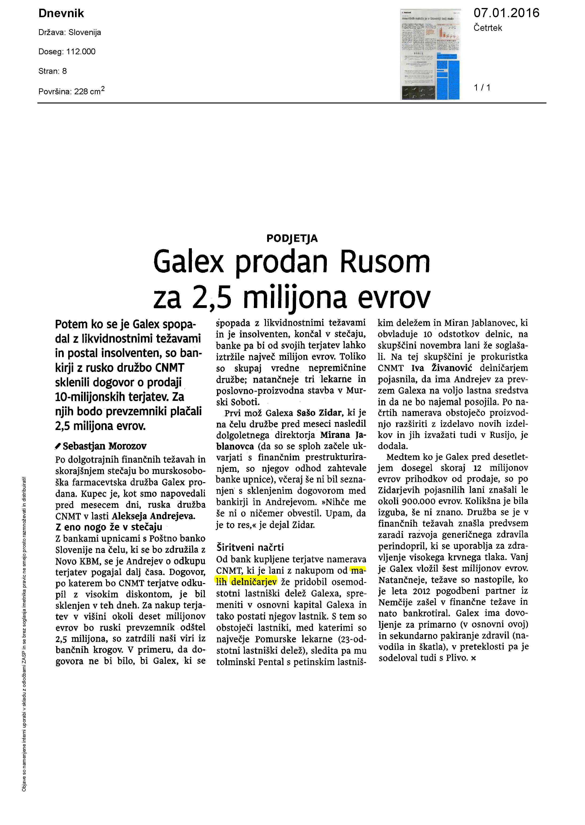 Galex prodan Rusom za 25 milijona evrov