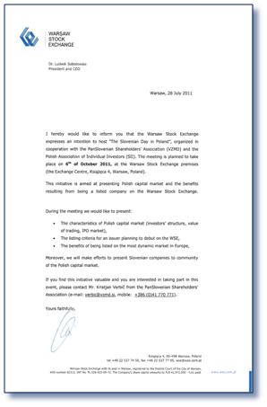 Invitation Letter from the Warsaw Stock Exchange - investo.si, VZMD