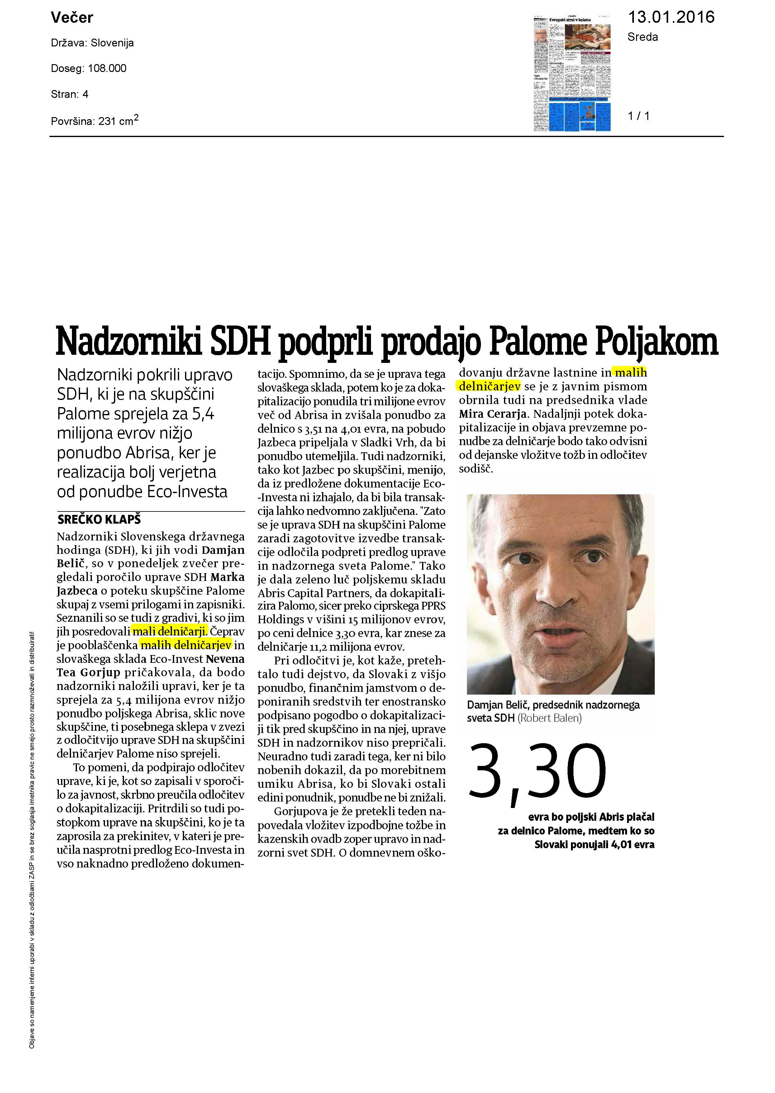 Nadzorniki SDH podprli prodajo Palome Poljakom