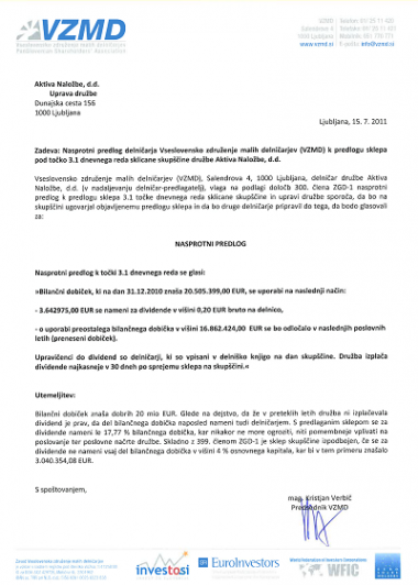 Nasprotni predlog za skupscino druzbe Aktiva Nalozbe 2011
