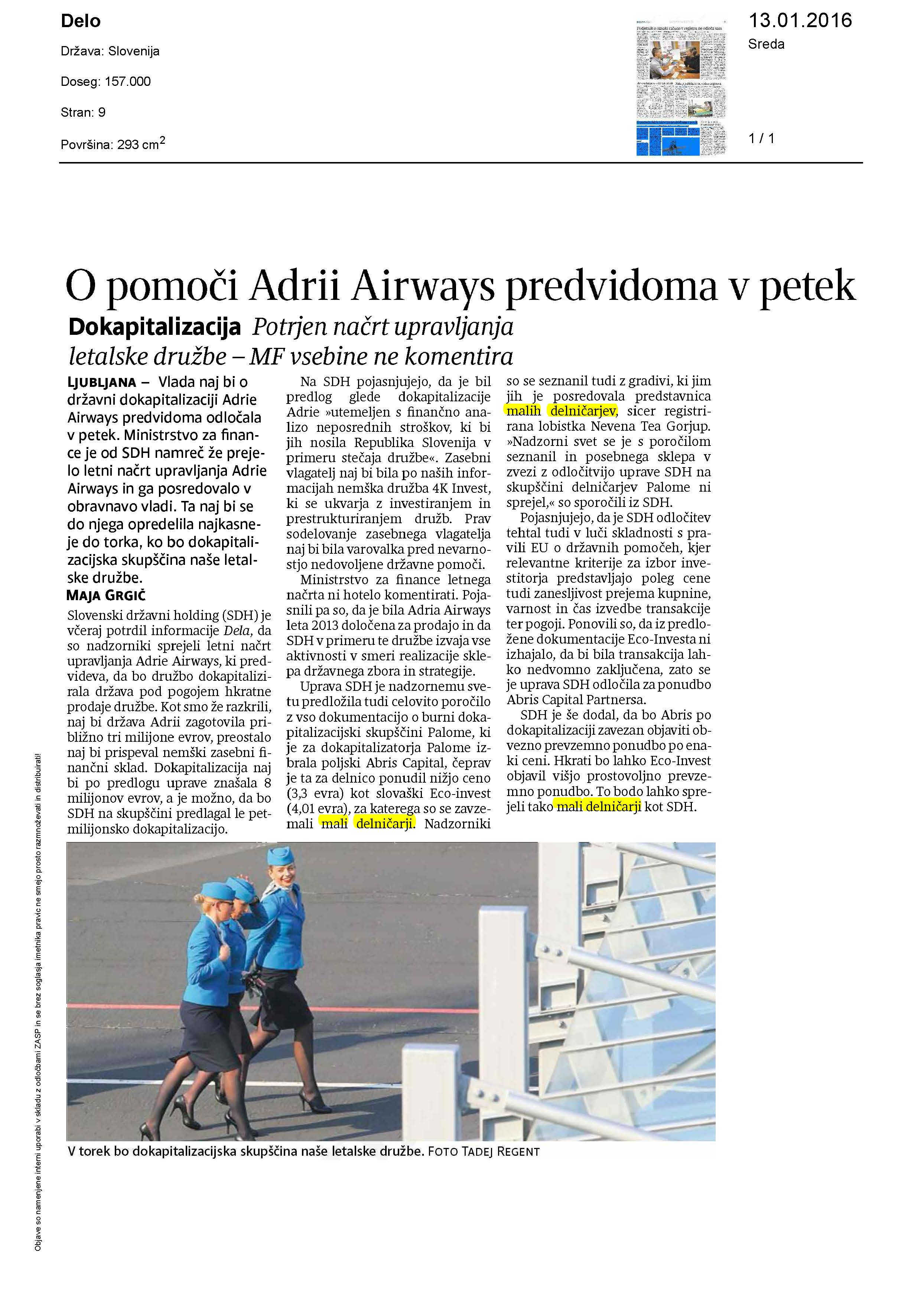 O pomoči Adrii Airways predvidoma v petek