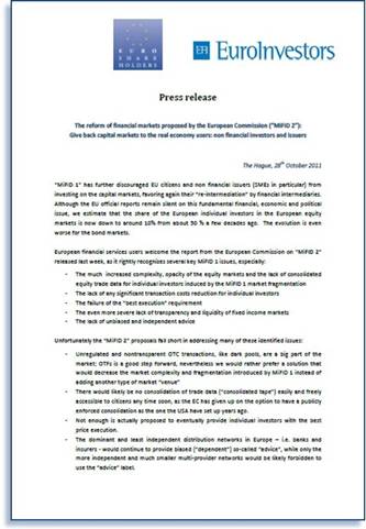 Euroshareholders, EuroInvestors, & VZMD - MiFID2 Press Release