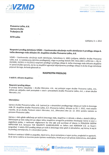 VZMD nasprotni predlog za 19. skupscino Pivovarne Lasko - Mercator Page_1