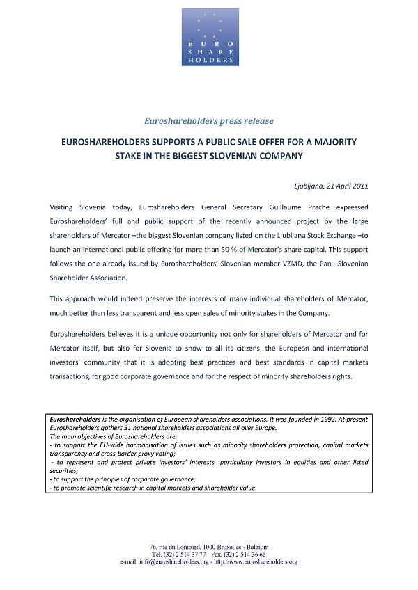 Press Release Euroshareholders - Mercator, Ljubljana, April 21, 2011