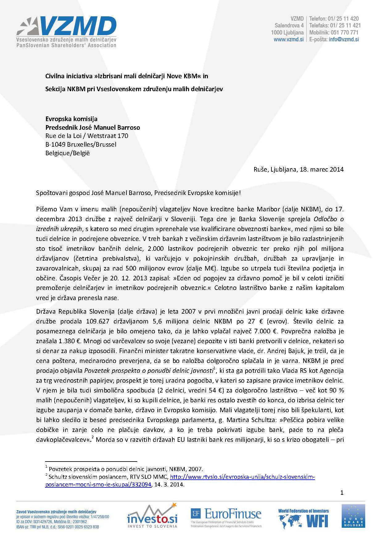 Pismo Civilne inciative izbrisani mali delnicarji Nove KBM in Sekcije NKBM pri VZMD predsedniku Evropskega parlamenta Page_1