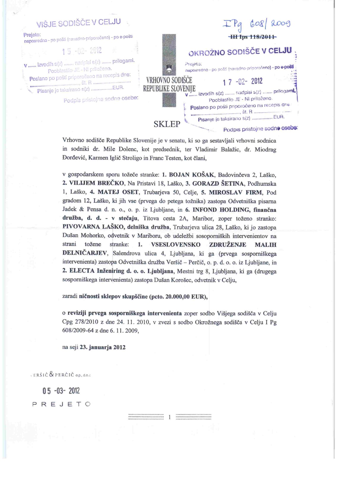 Sklep Vrhovnega sodišča RS o zavrženju revizije v zadevi »stopniščne« skupščine Pivovarne Laško