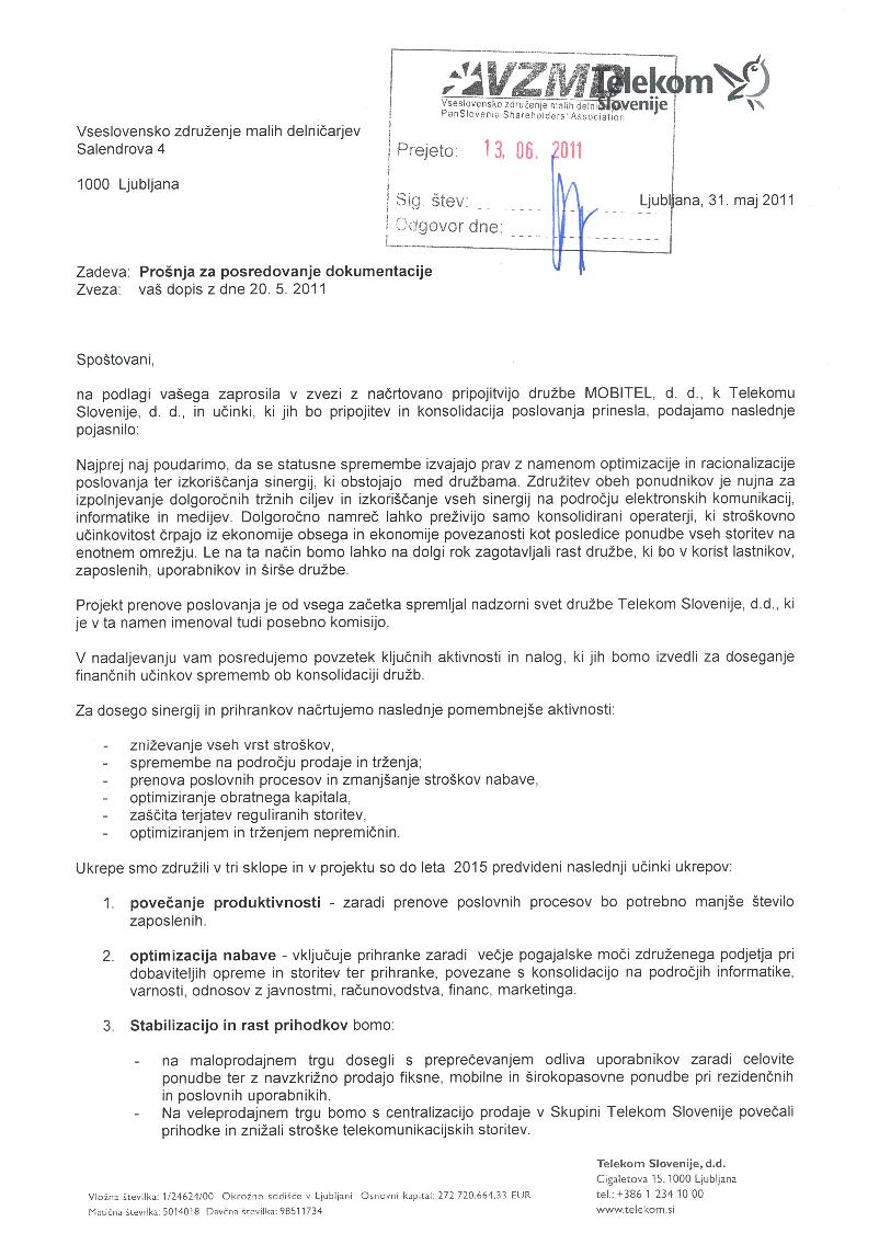Odgovor - Telekom Slovenije na prošnjo posredovanja za dokumentacije - Verbič VZMD