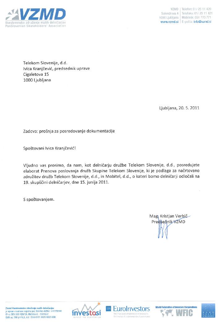 Telekom Slovenije - Prošnja za dokumentacije - VZMD Verbič