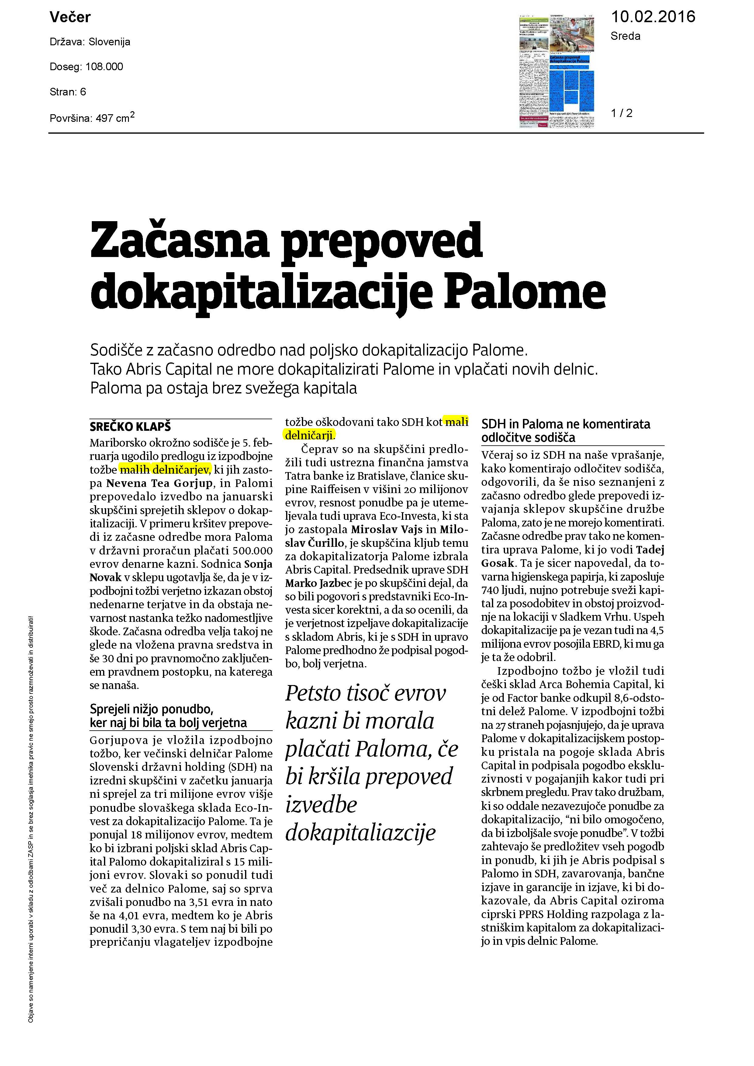 Začasna prepoved dokapitalizacije Palome Page 1