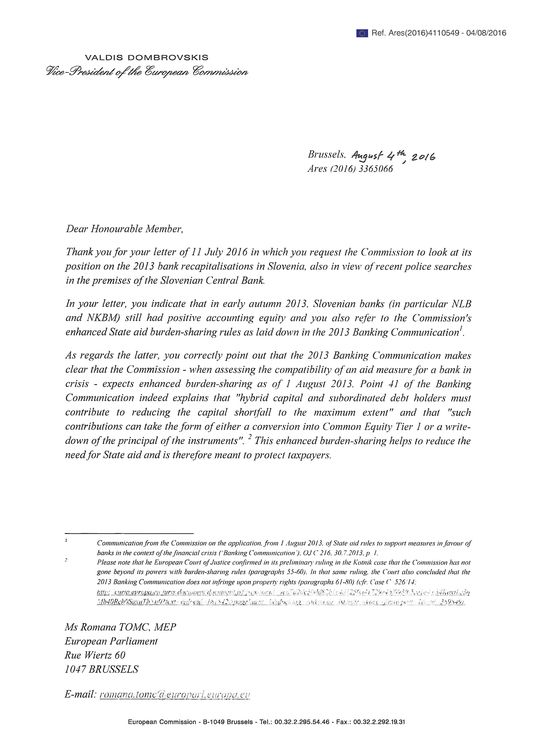 Dombrovskis Letter to MEP Romana TOMC Page 1