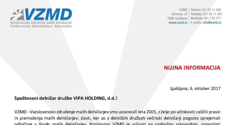 Dopis za delnicarje VIPA HOLDING registrski racuni