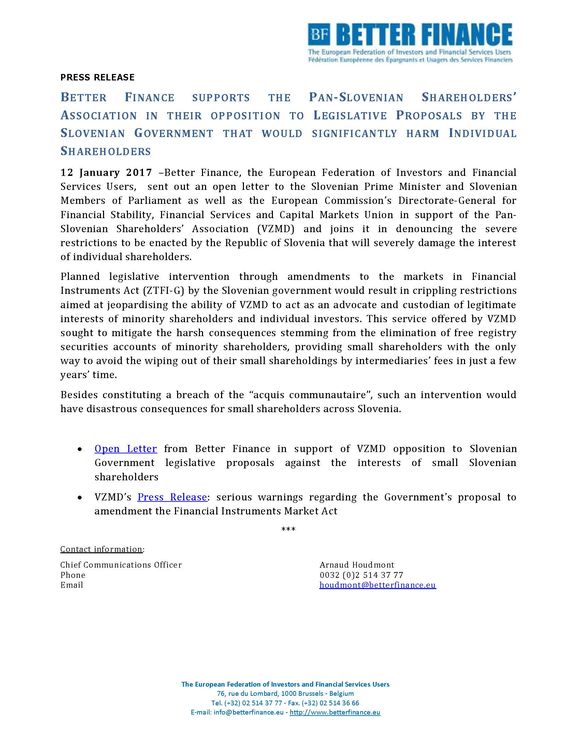 PR Open Letter to Slovenian MPs in support of individual shareholders 120117