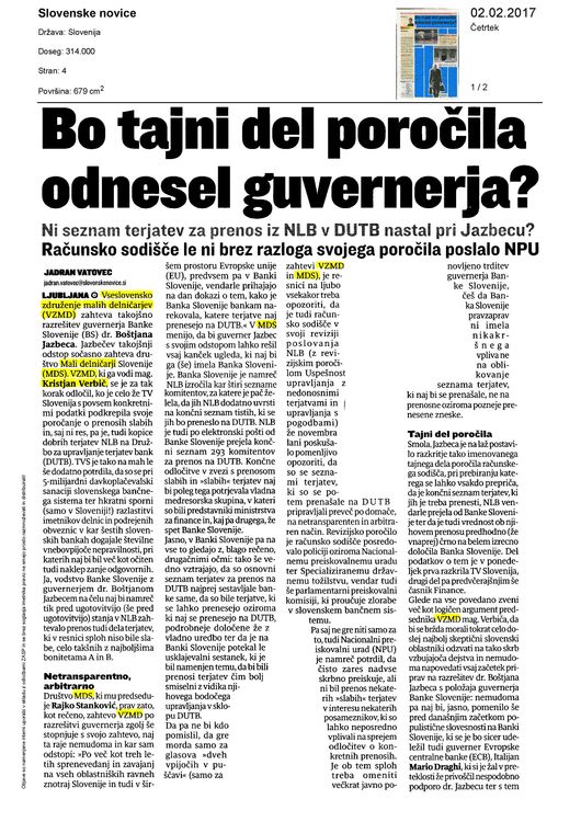 Slovenske novice 2017 02 02 Bo tajni del poročila odnesel guvernerja 1 Page 1