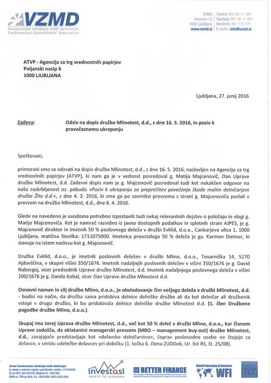 Odziv na dopis druzbe Mlinotest z dne 16 5 2016 in poziv k pravocasnemu ukrepanju Page 1