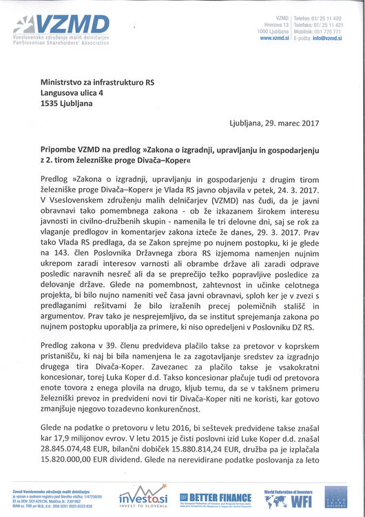 Pripombe VZMD na predlog Zakona o izgradnji upravljanju in gospodarjenju z 2. tirom železniške proge DivačaKoper Page 1