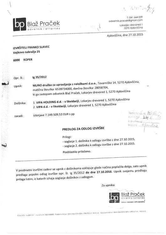 VIPA holding MLINO Preglog za odlog izvrsbe in Preklic pooblastila Page 1