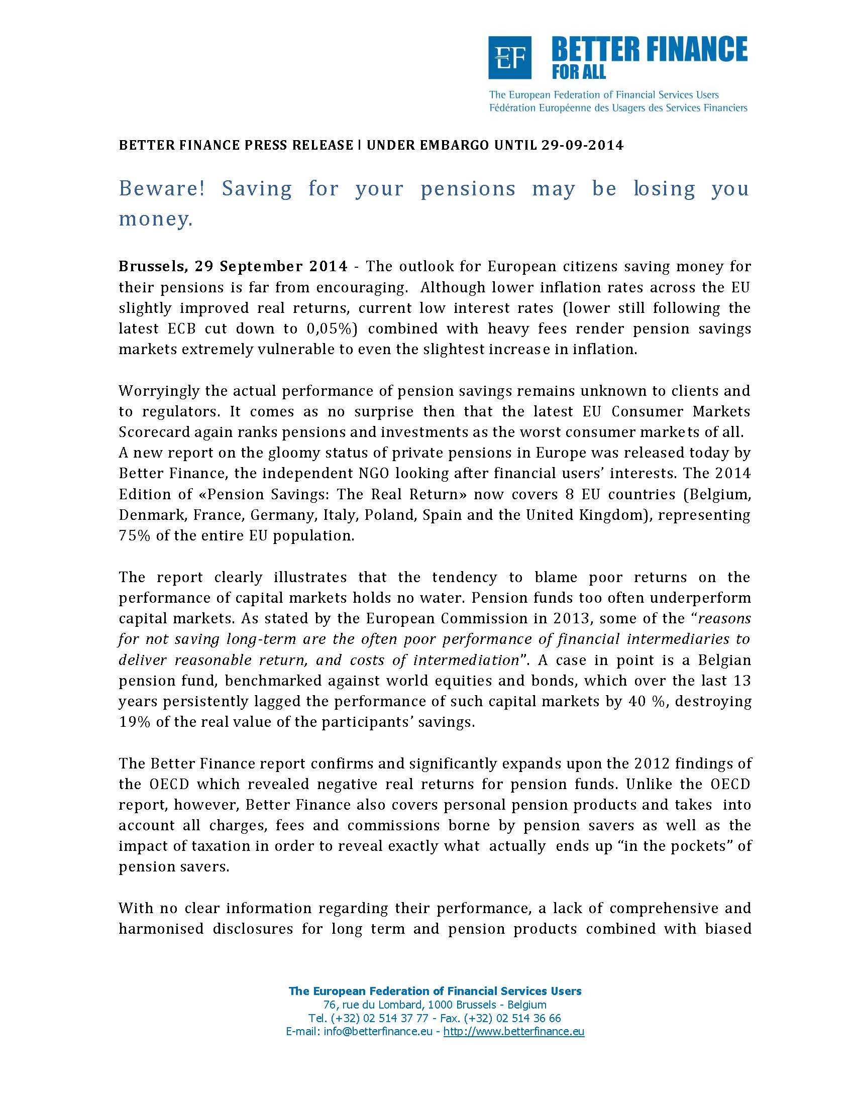 BETTER FINANCE PR 1 - Launch Pensions Report 2014 Page_1