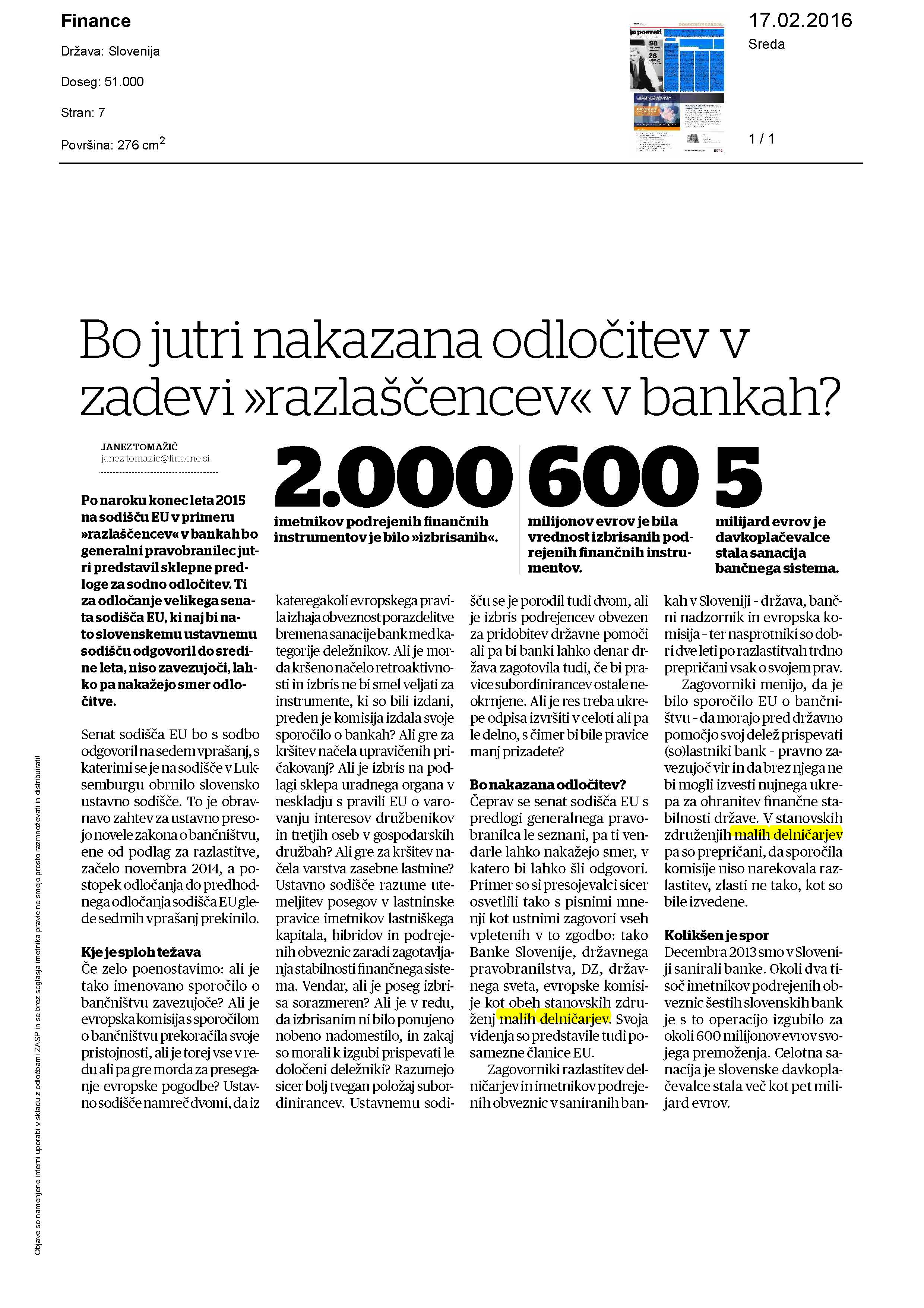 Bo jutri nakazana odločitev v zadevi razlaščencev v bankah