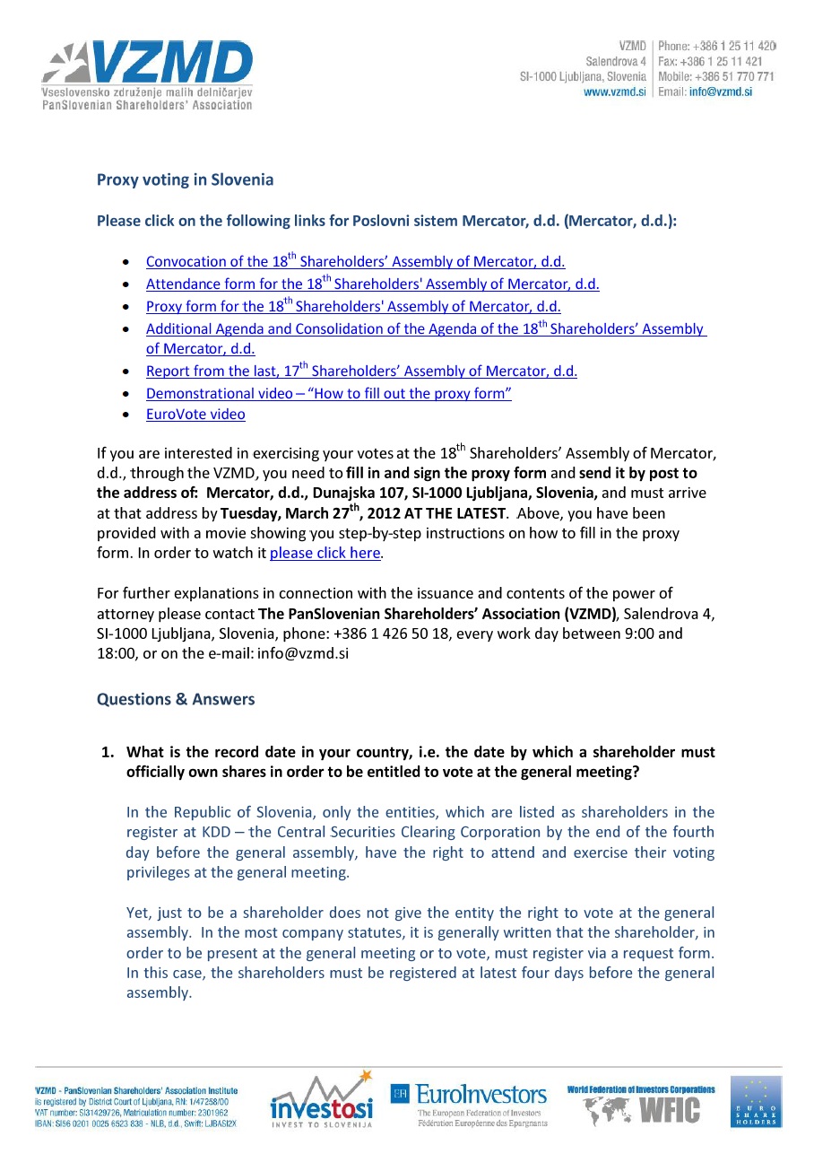 EuroVote Proxy Voting Questions and Answers- Slovenia - Mercator - 18th GM