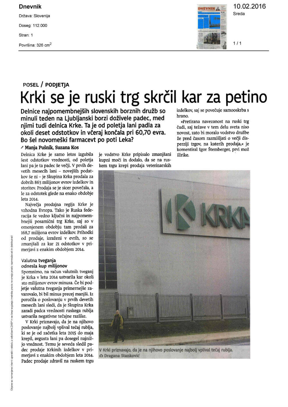 Krki se je ruski trg skrčil kar za petino