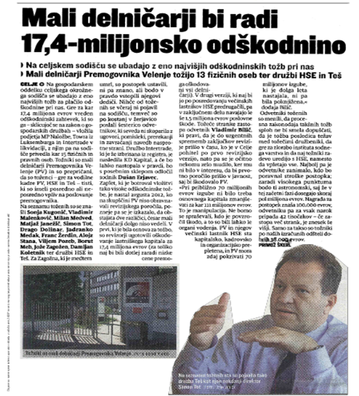 Mali delničarji bi radi 17,4 mio odškodnino