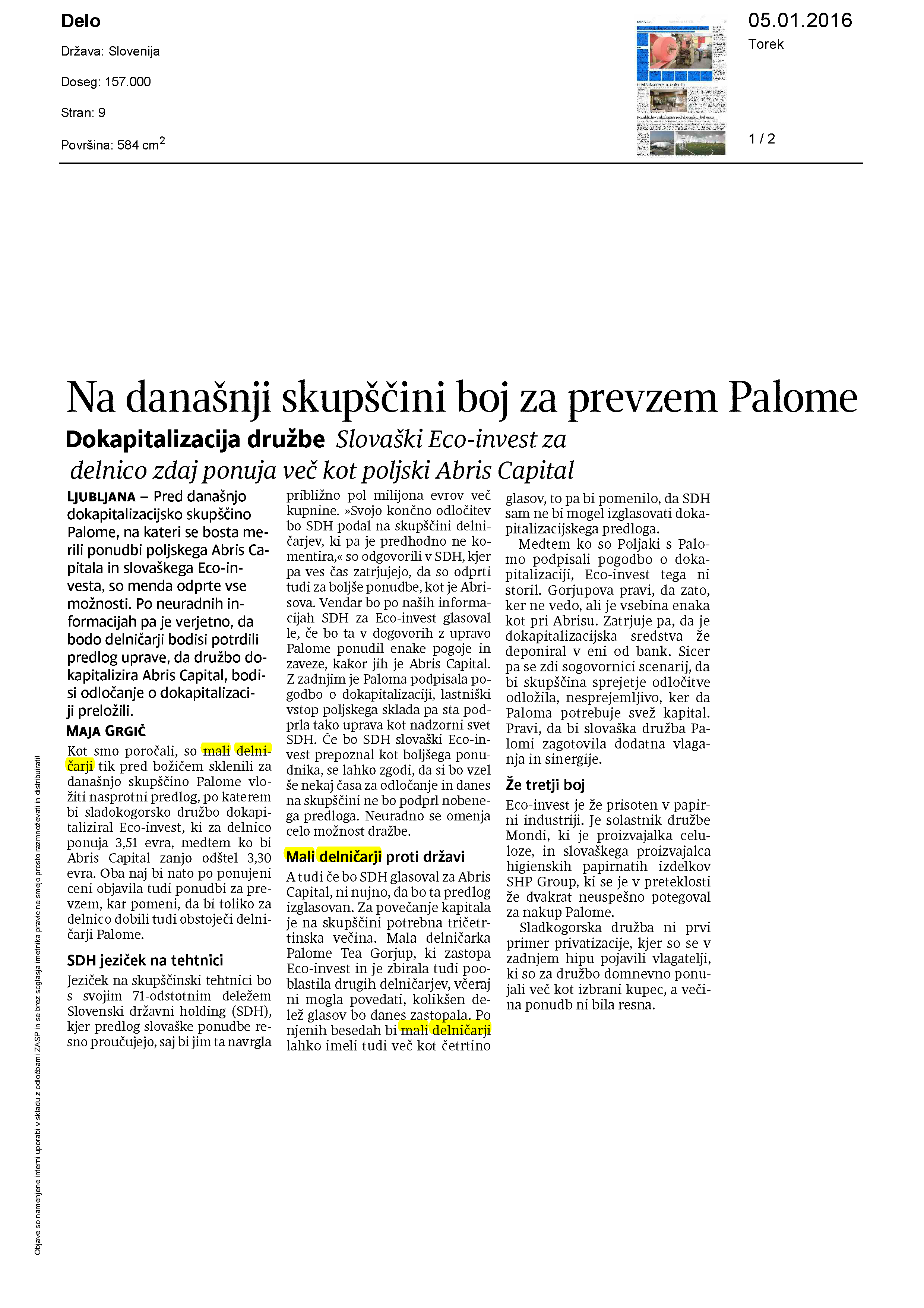 Na današnji skupščini boj za prevzem Palome Page 1