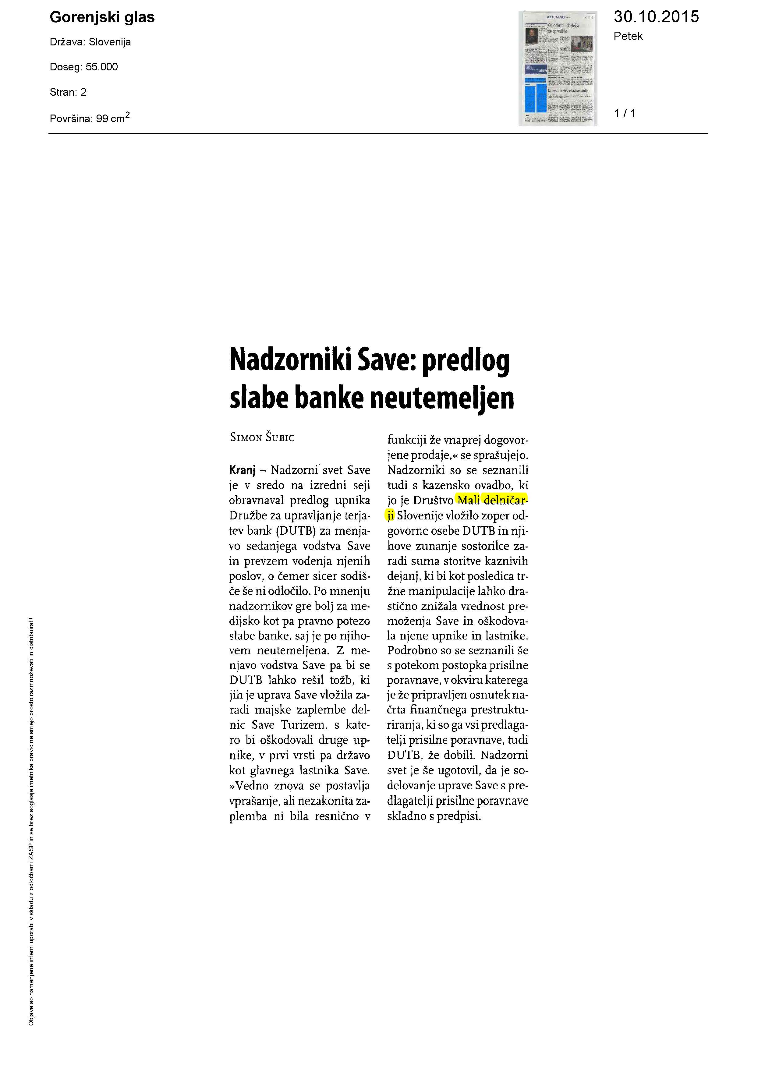 Nadzorniki Save- predlog slabe banke neutemeljen