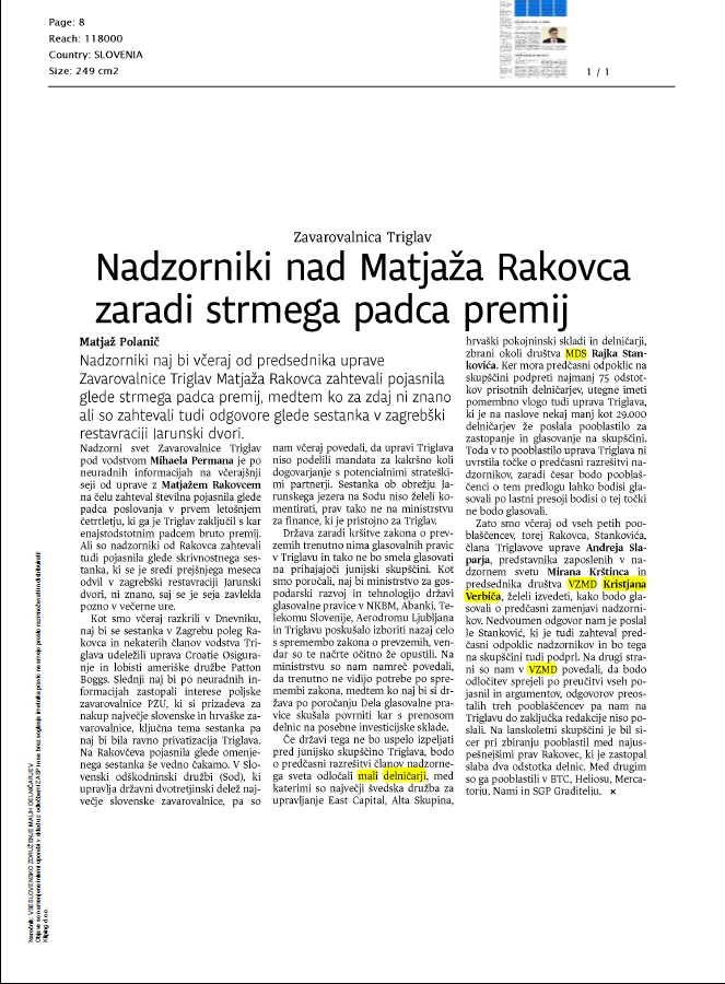 Nadzroniki nad Matjaža Rakovca zaradi strmega padca premij