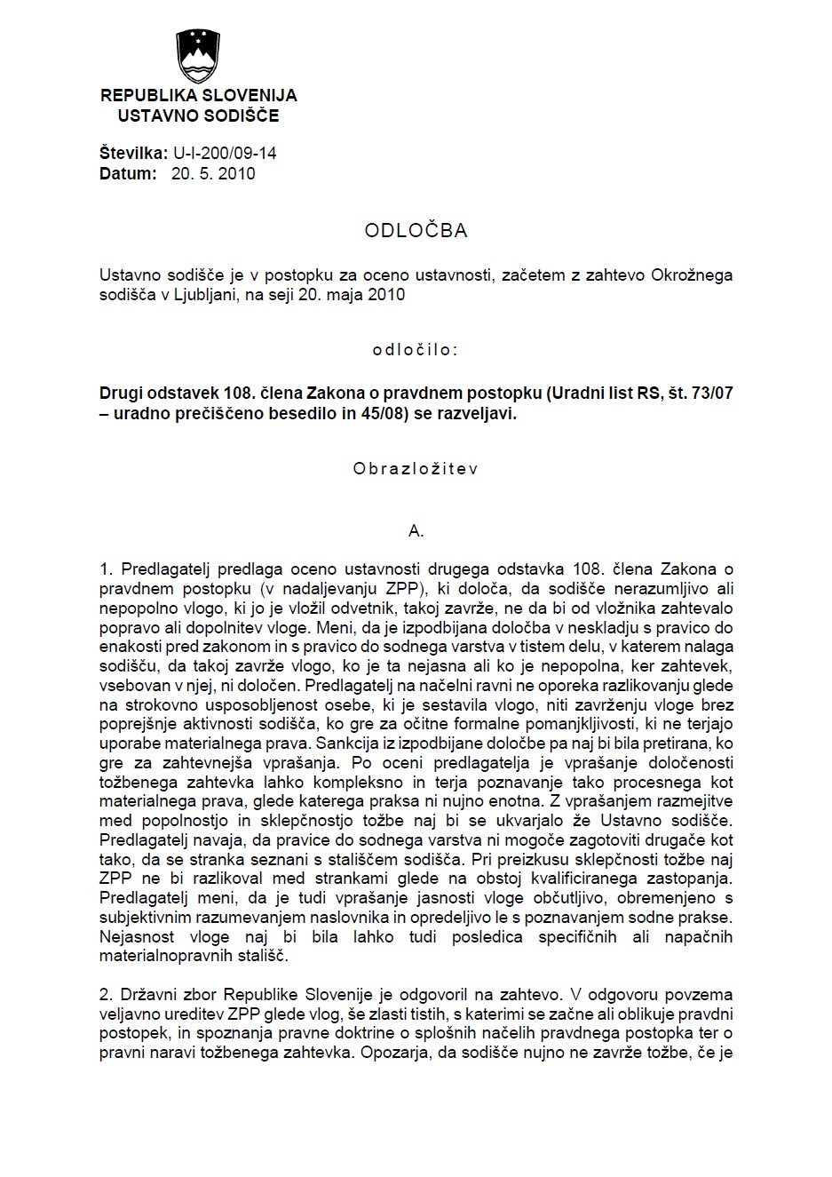 Odločba Ustavnega sodišča RS o razveljavitvi 2. odstavka 108. člena Zakona o pravdnem postopku