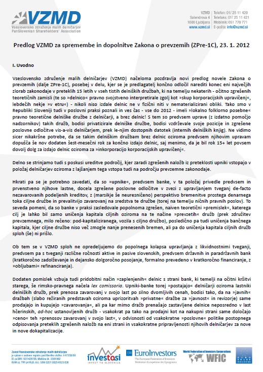 Predlog VZMD za spremembe in dopolnitve Zakona o prevzemih (ZPre-1C), 23. 1. 2012