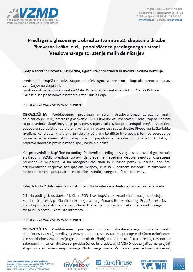 Preglog glasovanja z obrazlozitvami za 22 skupscino PILR