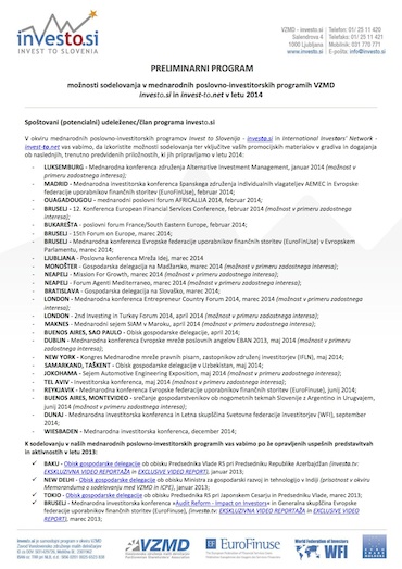 Preliminarni program možnosti sodelovanja v mednarodnih poslovno-investitorskih programih investo.si in invest-to.net - januar 2014