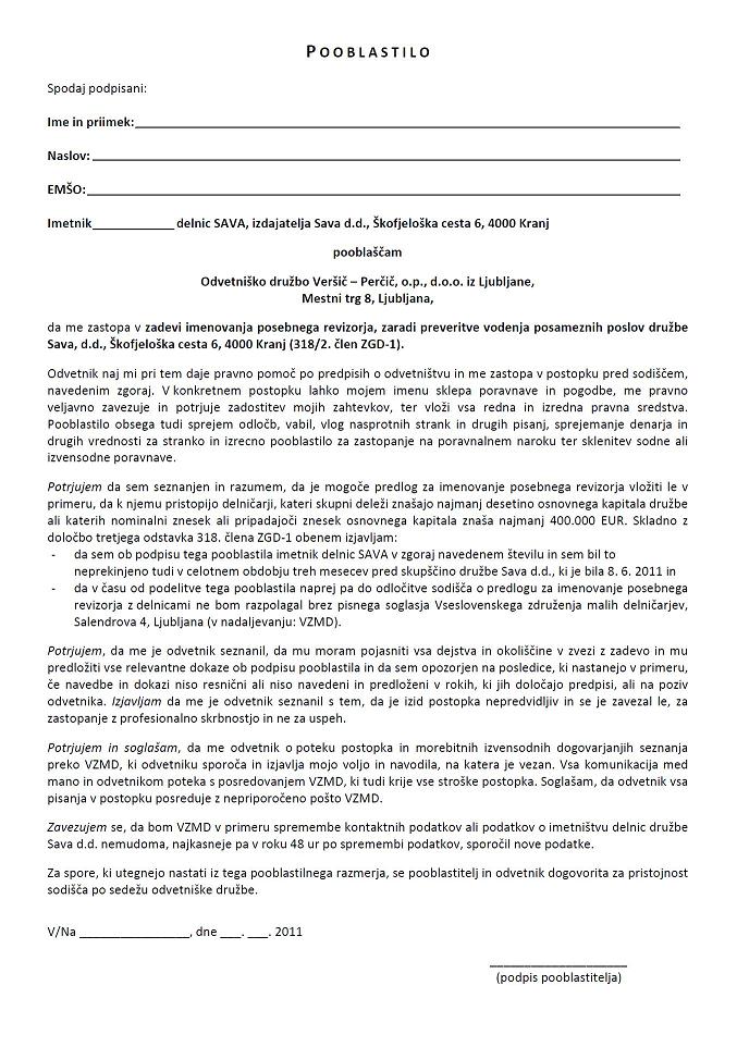 Sava Revizija - pooblastilo odvetniku VZMD