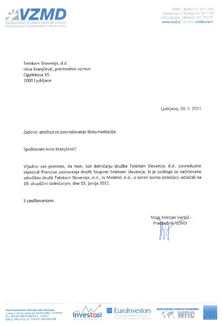 Telekom Slovenije - Prošnja za dokumentacije - VZMD Verbič