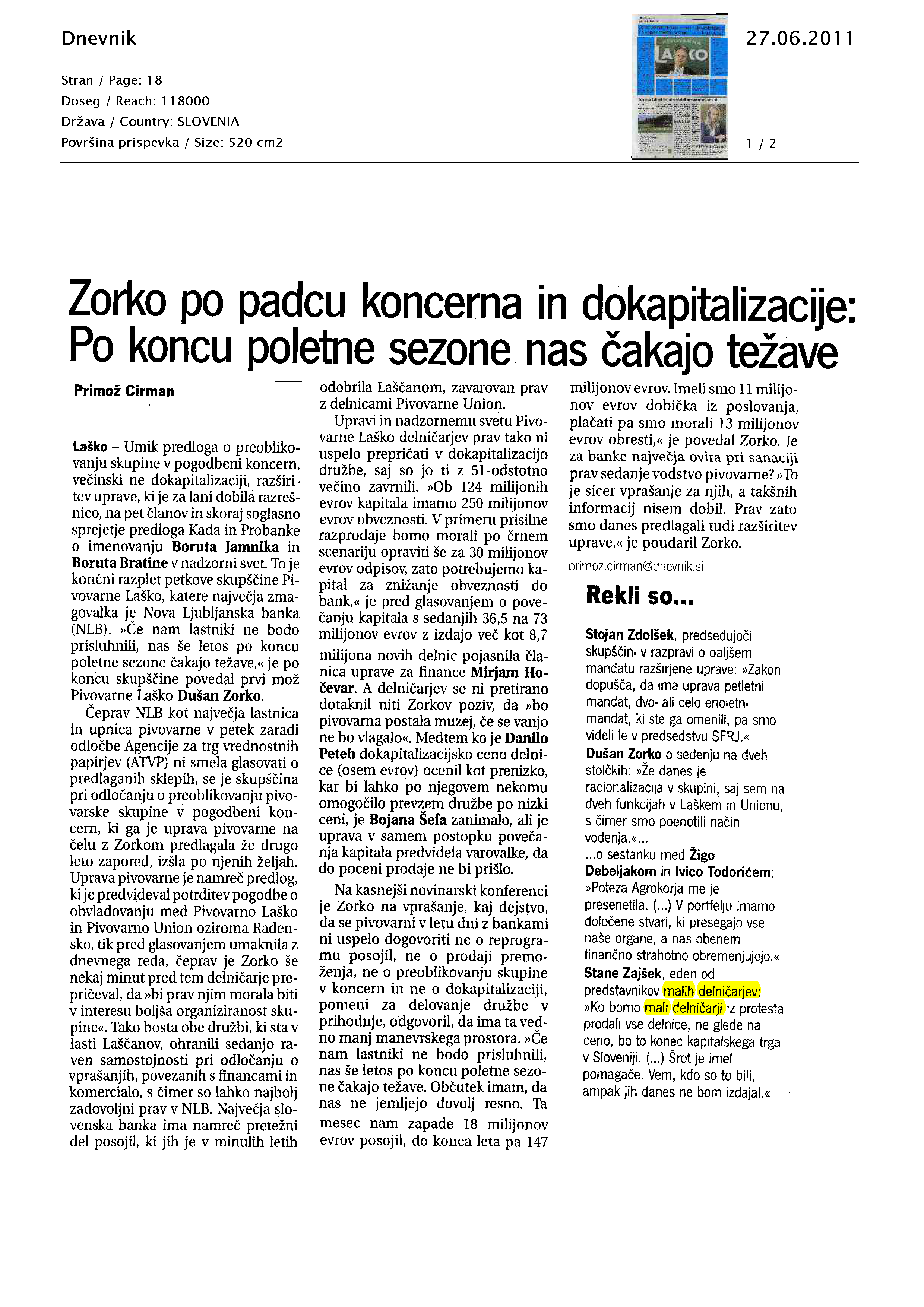 Zorko po padcu koncerna in dokapitalizacije - Po koncu poletne sezone nas čakajo težave