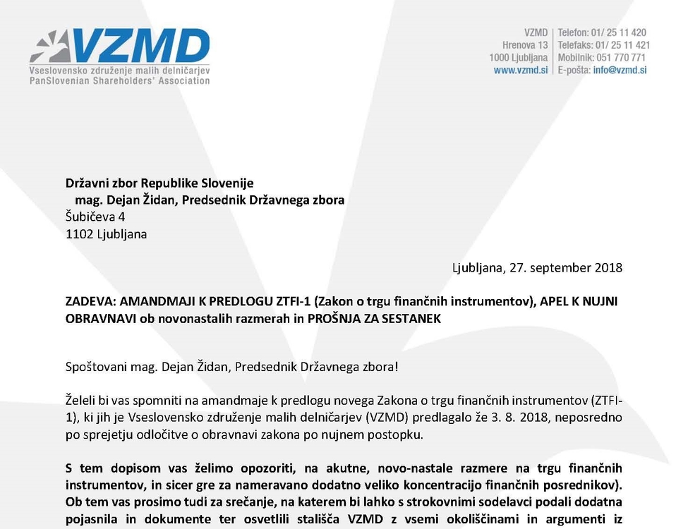 AMANDMAJI K PREDLOGU ZTFI 1 APEL K NUJNI OBRAVNAVI ob novonastalih razmerah in PROŠNJA ZA SESTANEK Page 1