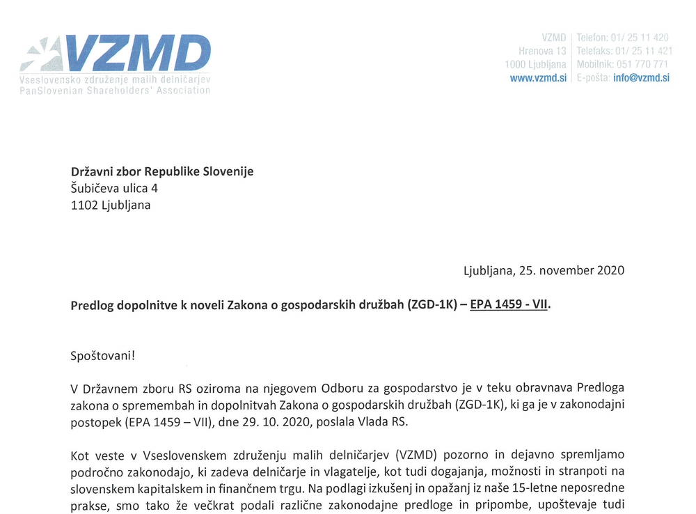 Dopis VZMD Predlog dopolnitve k noveli ZGD 1K EPA 1459 VII Page 1