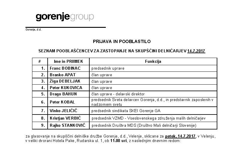 Gorenje Dopis in pooblastilo za 24 skupščino delničarjev 14.7.2017 1 Page 3