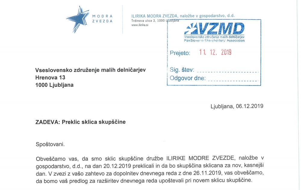 Ilirika modra zvezda obvestilo o preklicu skupščine 6 12 2019