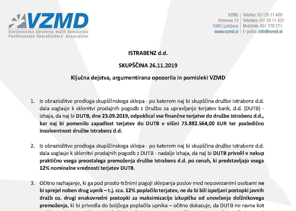 Istrabenz Ključna dejstva argumentirana opozorila in pomisleki VZMD 26.11.19 Page 1