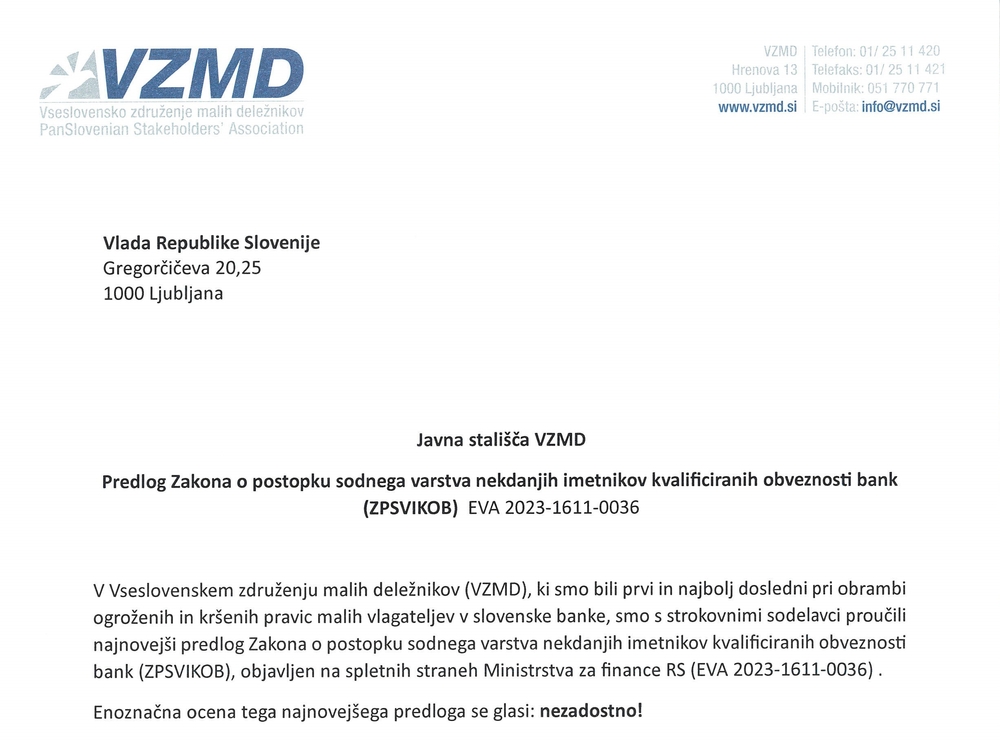 Javna stališča VZMD Predlog Zakona o postopku sodnega varstva nekdanjih imetnikov kvalificiranih obveznosti bank 25 10 2023 Vlada Stran 1