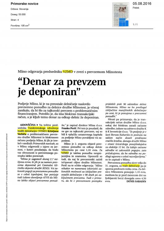 Denar za prevzem je deponiran