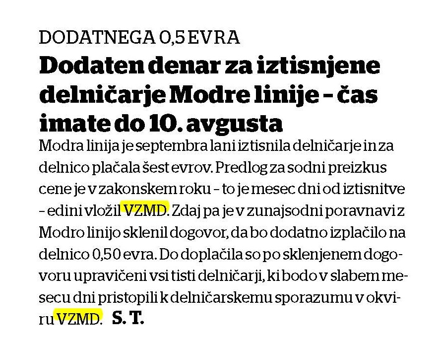 Dodaten denar za iztisnjene delničarje Modre linije čas imate do 10. avgusta