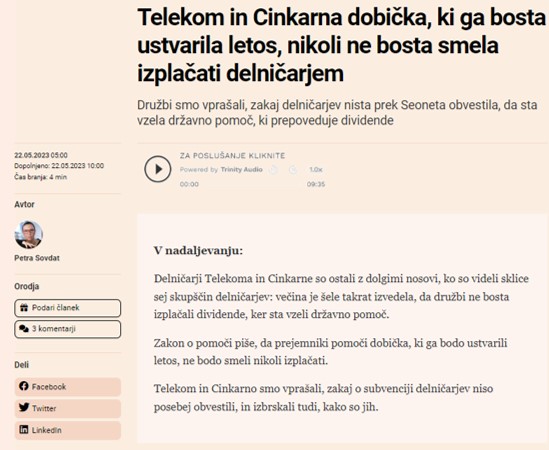 FINANCE TELEKOM IN CINKARNA